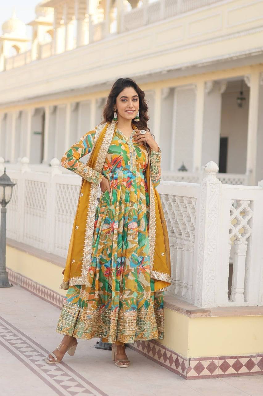 Ethereal Russian Silk Floral Printed Sequins Worked Gown - Ethnicwish