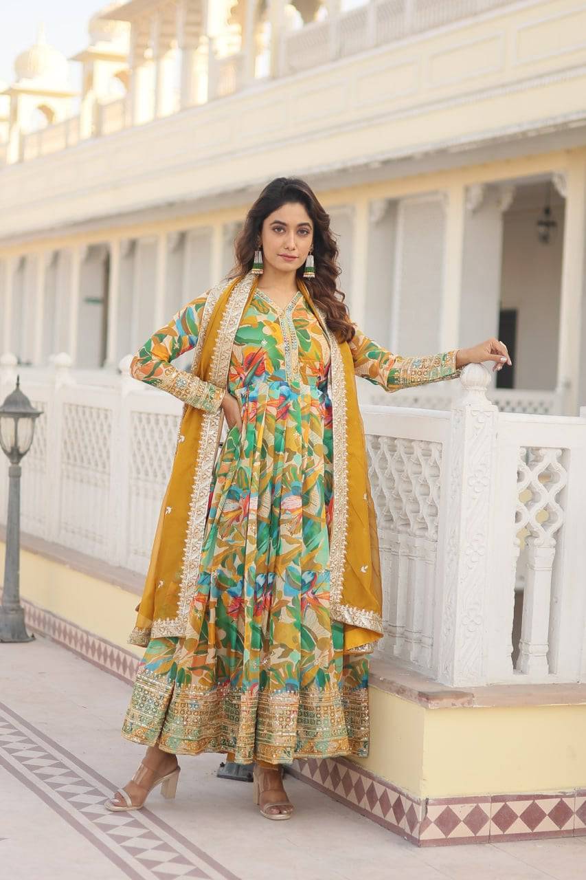 Ethereal Russian Silk Floral Printed Sequins Worked Gown - Ethnicwish
