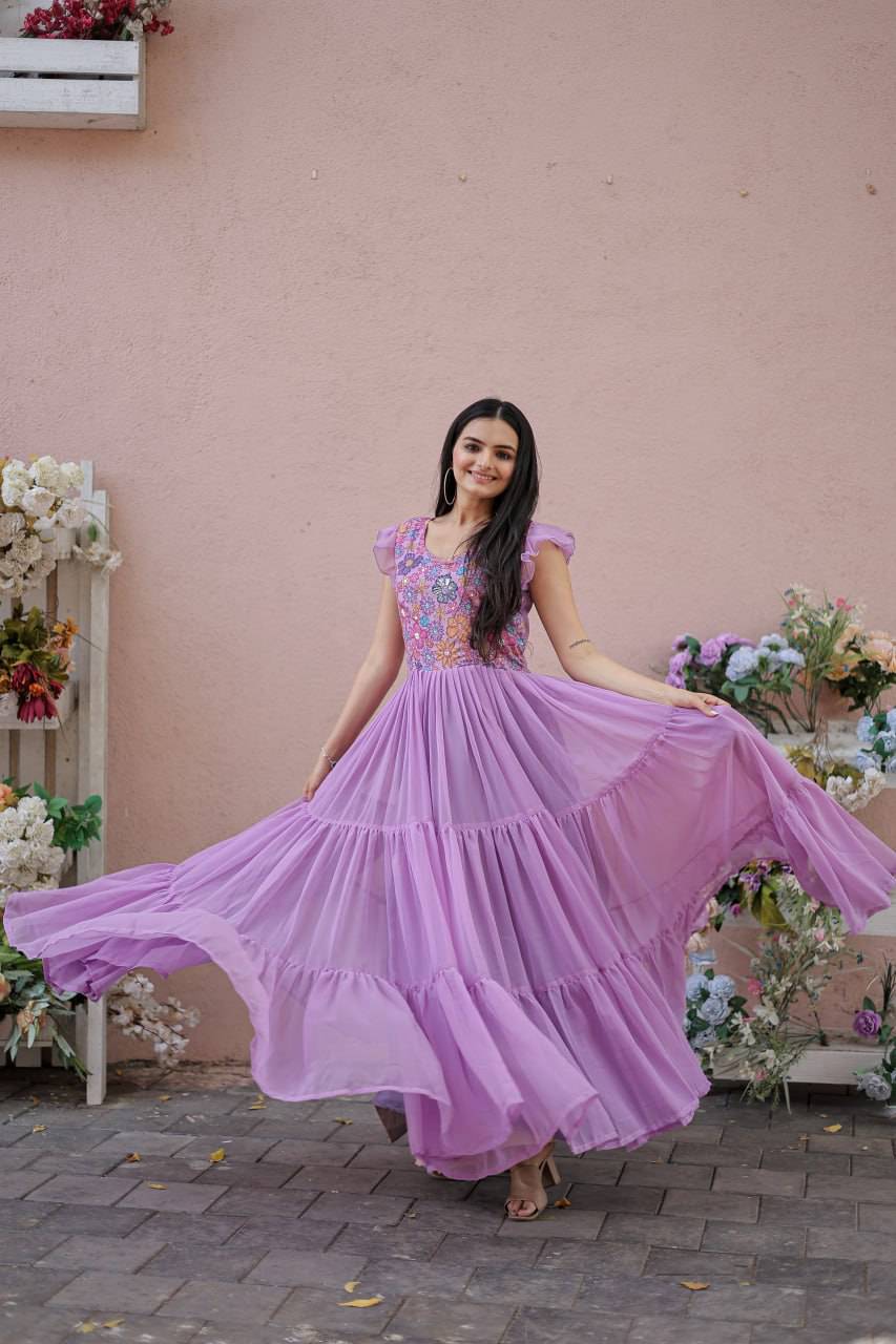 Timeless Rich Floral Position Printed Faux Georgette Gown - Ethnicwish