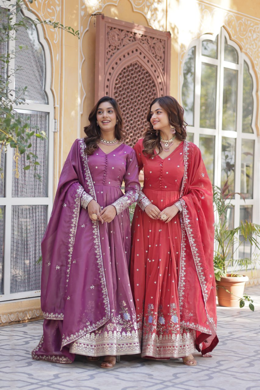 Viscose Cosmos Embroidered Gown Set With Dupatta - ETHNICDEAL