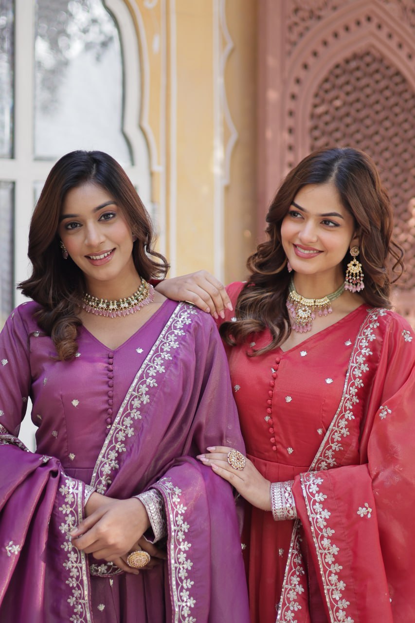 Viscose Cosmos Embroidered Gown Set With Dupatta - ETHNICDEAL