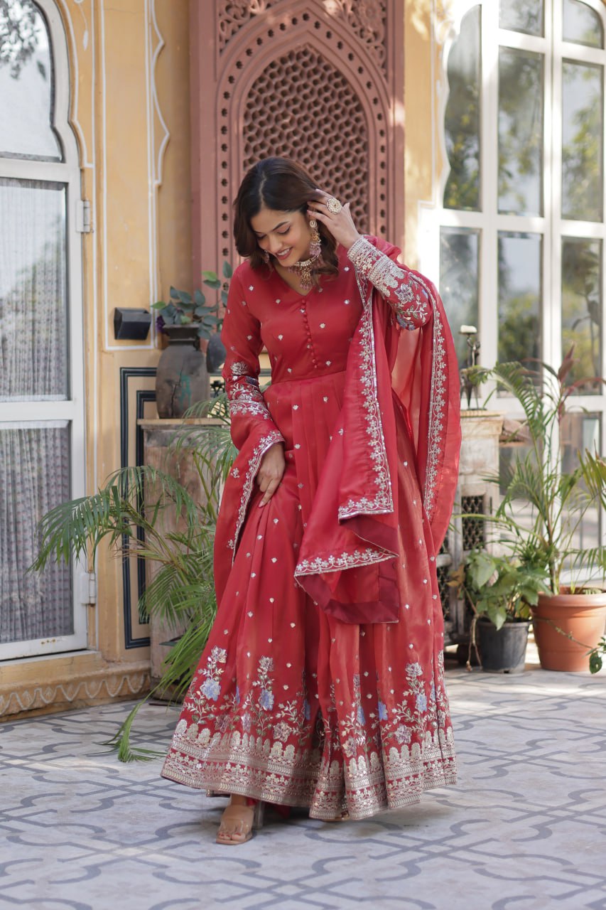 Viscose Cosmos Embroidered Gown Set With Dupatta - ETHNICDEAL