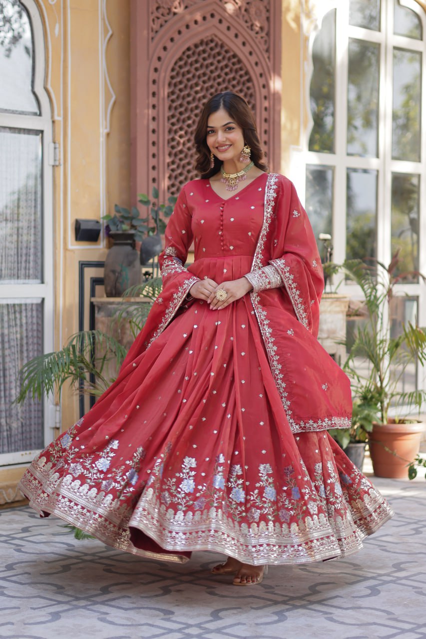 Viscose Cosmos Embroidered Gown Set With Dupatta - ETHNICDEAL