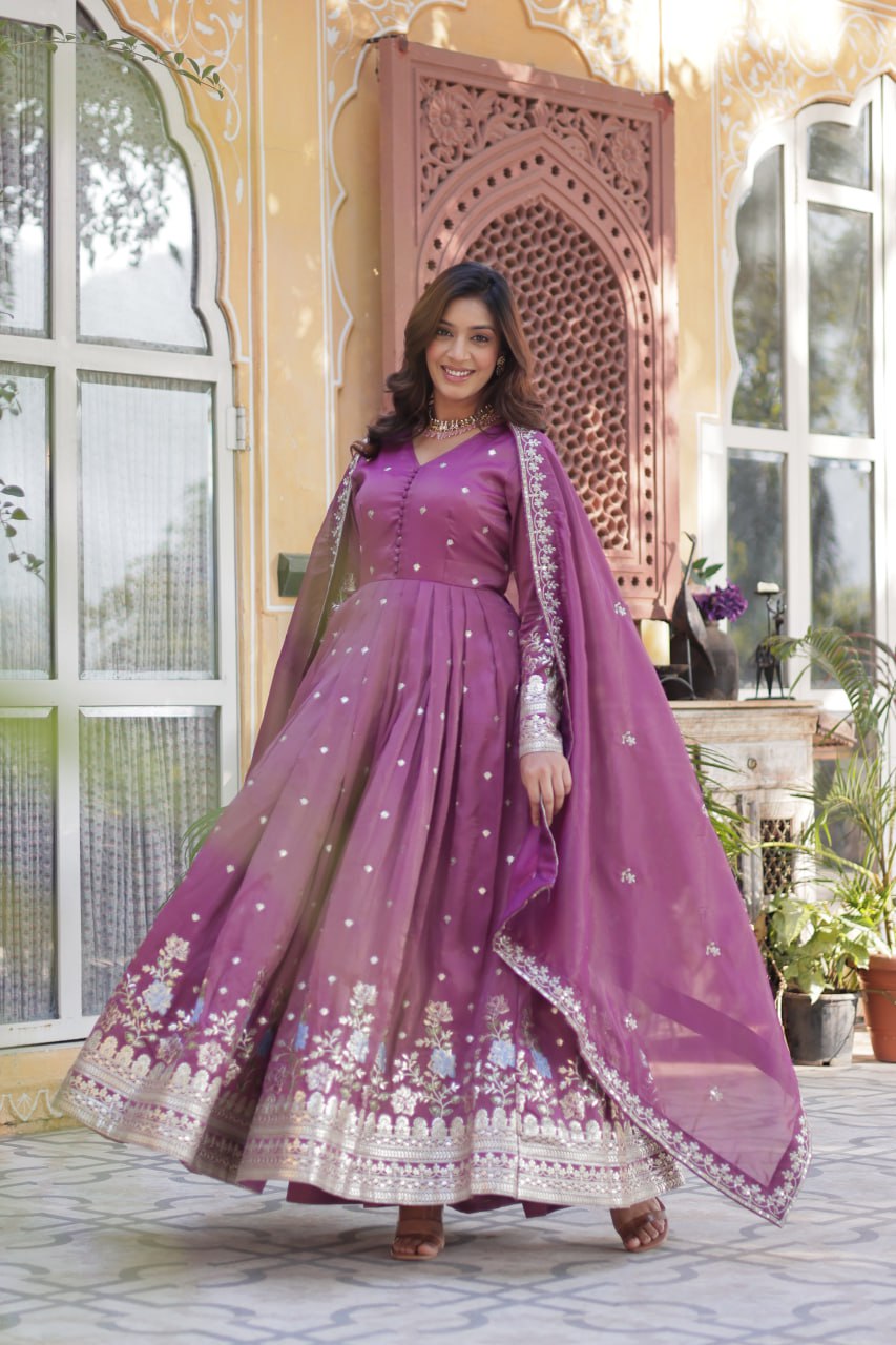 Viscose Cosmos Embroidered Gown Set With Dupatta - ETHNICDEAL
