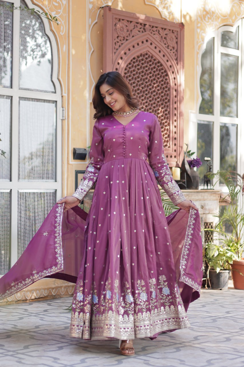 Viscose Cosmos Embroidered Gown Set With Dupatta - ETHNICDEAL