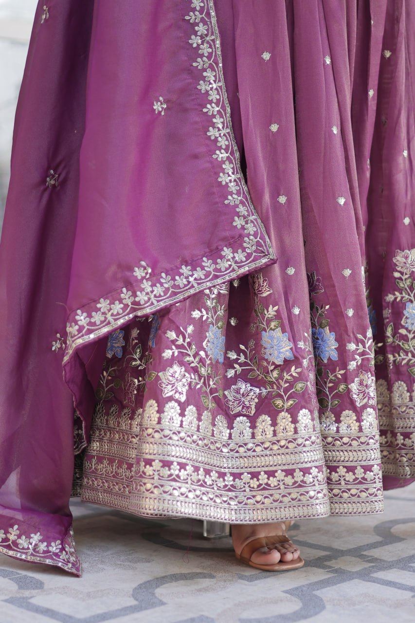 Viscose Cosmos Embroidered Gown Set With Dupatta - ETHNICDEAL