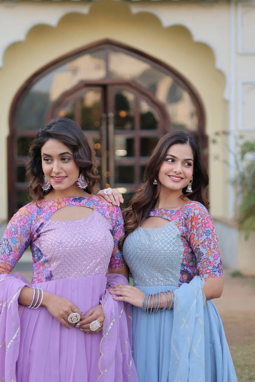 Whimsical Faux Georgette Rich Floral Printed Gown - Ethnicwish