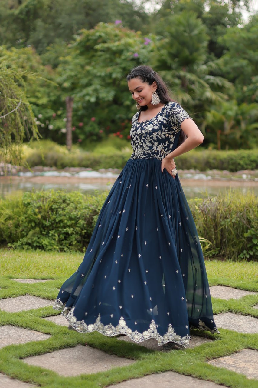 Breathtaking Rama Faux Georgette Cording Sequins Worked Gown - Ethnicwish