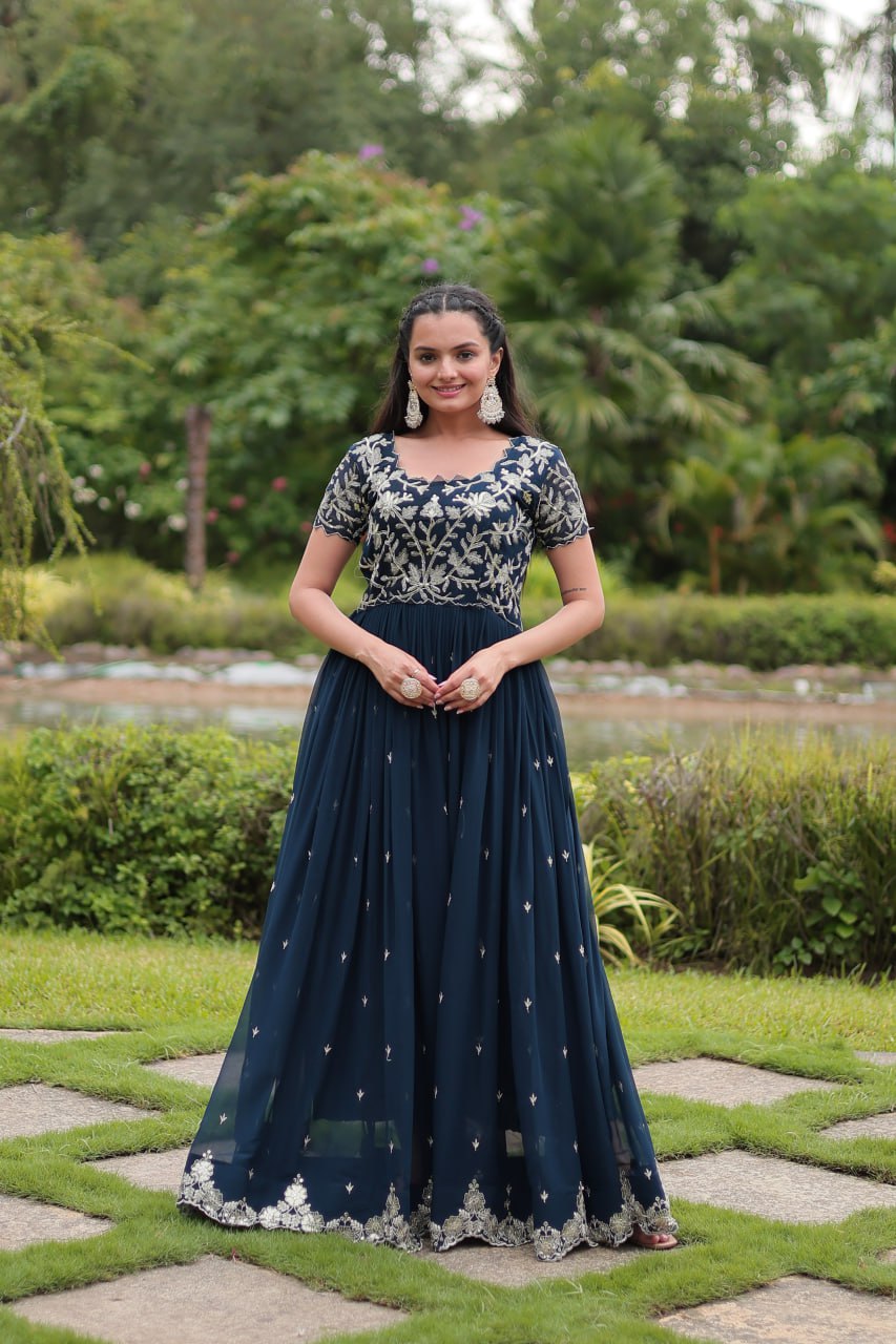 Breathtaking Rama Faux Georgette Cording Sequins Worked Gown - Ethnicwish