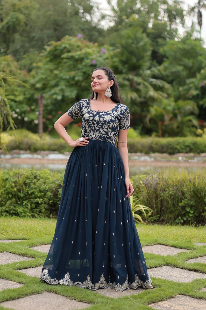 Breathtaking Rama Faux Georgette Cording Sequins Worked Gown - Ethnicwish