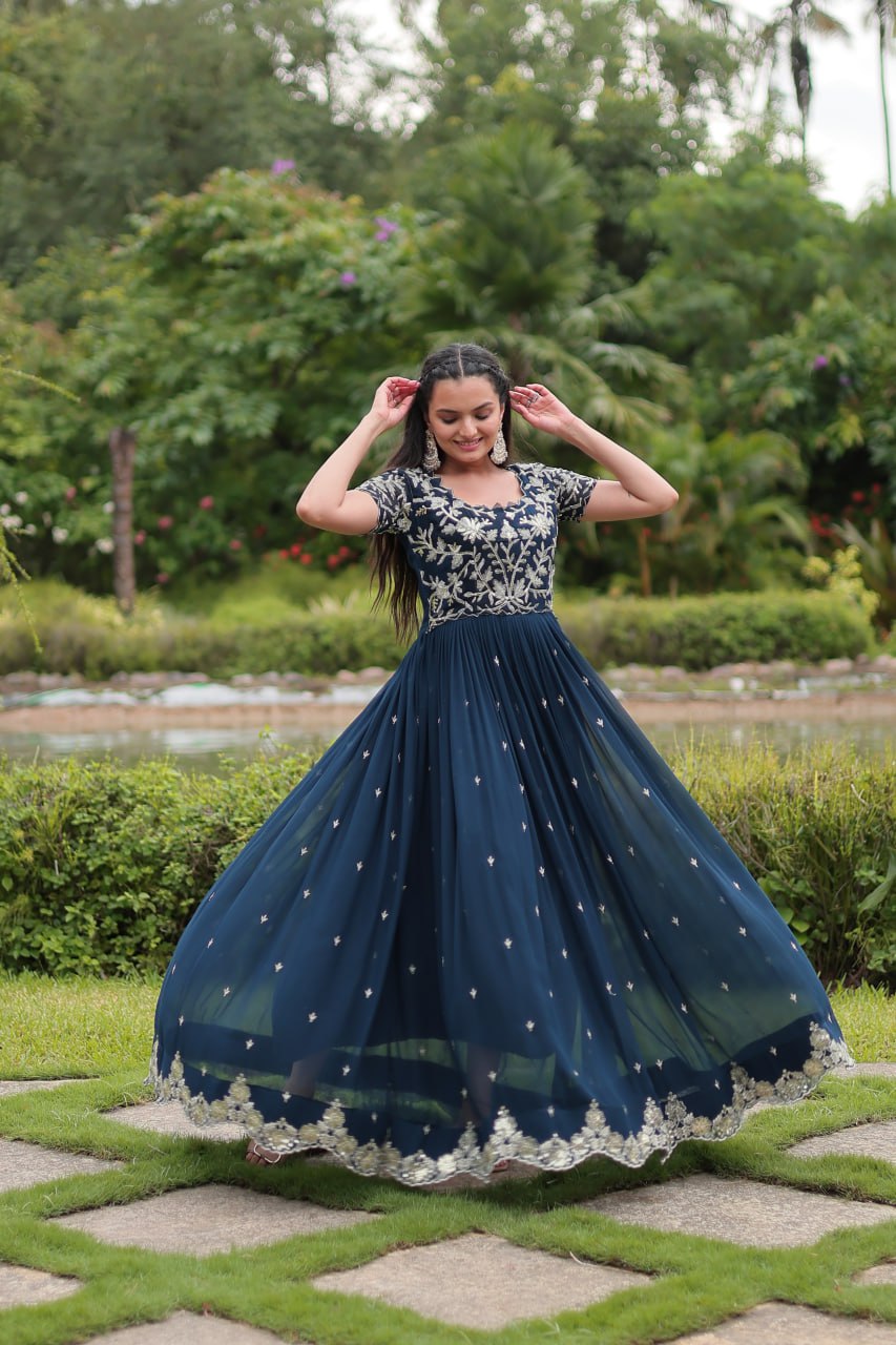 Breathtaking Rama Faux Georgette Cording Sequins Worked Gown - Ethnicwish