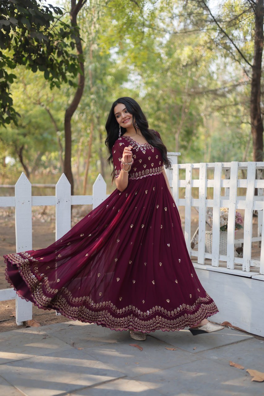 Dashing Faux Georgette Zari Sequins Worked Designer Gown - Ethnicwish