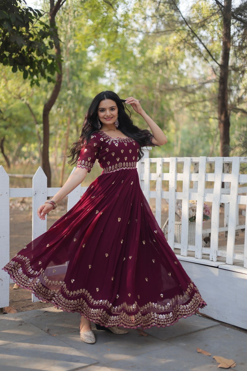 Dashing Faux Georgette Zari Sequins Worked Designer Gown - Ethnicwish