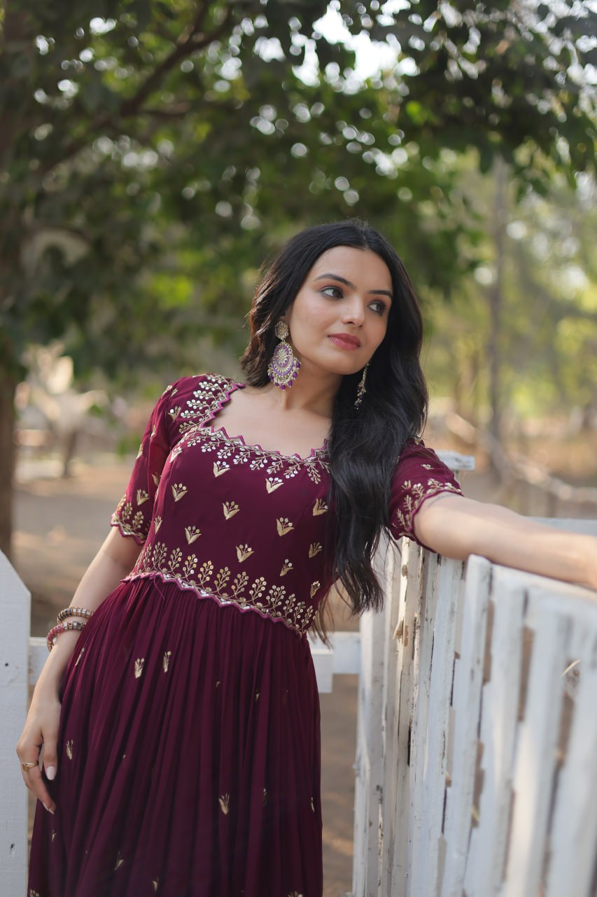 Dashing Faux Georgette Zari Sequins Worked Designer Gown - Ethnicwish