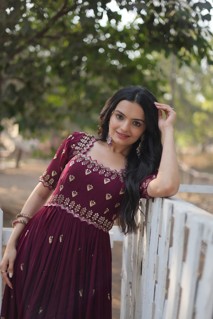 Dashing Faux Georgette Zari Sequins Worked Designer Gown - Ethnicwish