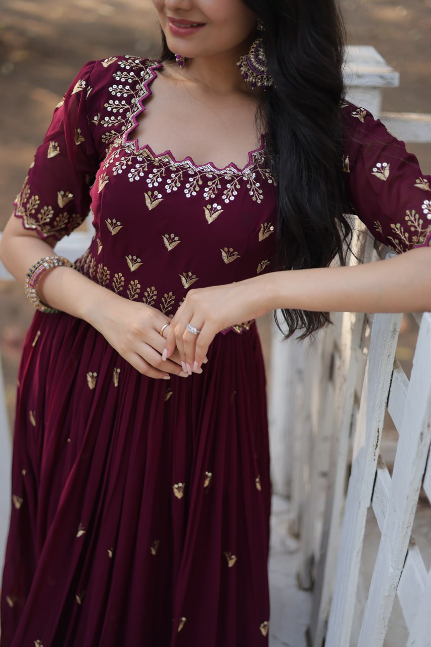Dashing Faux Georgette Zari Sequins Worked Designer Gown - Ethnicwish