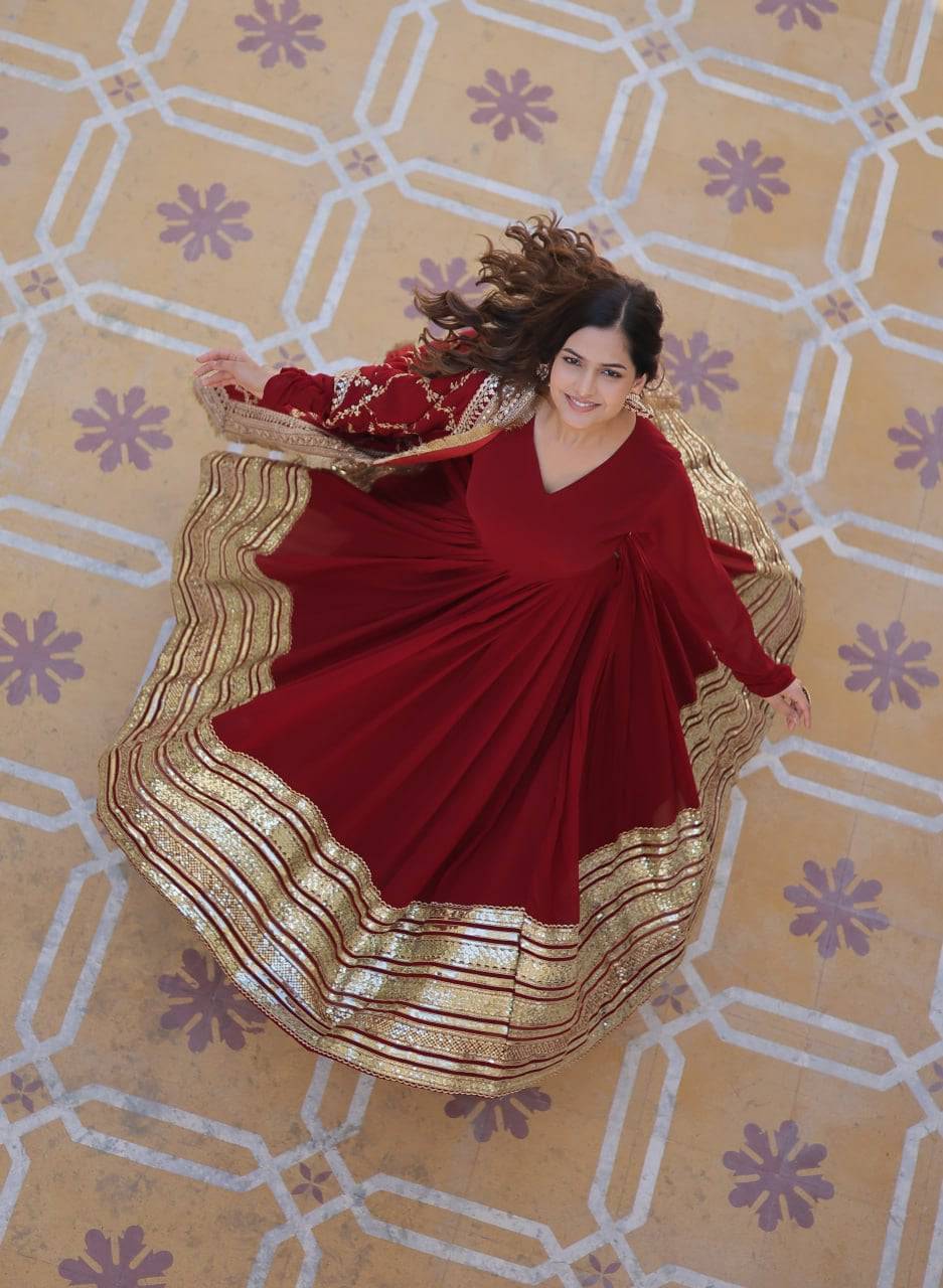 Majestic Maroon Faux Georgette Sequins Embroidered Designer Gown - Ethnicwish