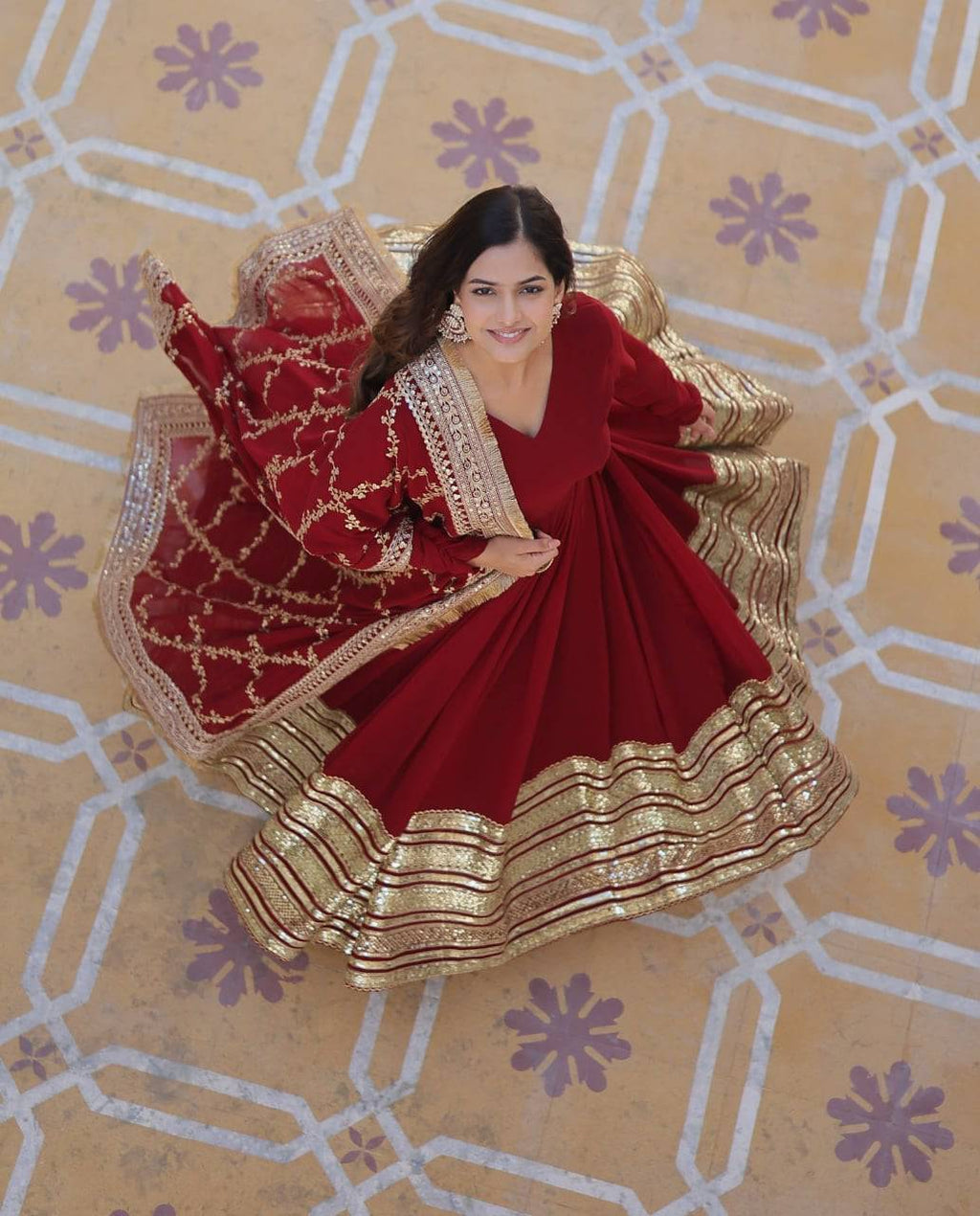 Majestic Maroon Faux Georgette Sequins Embroidered Designer Gown - Ethnicwish