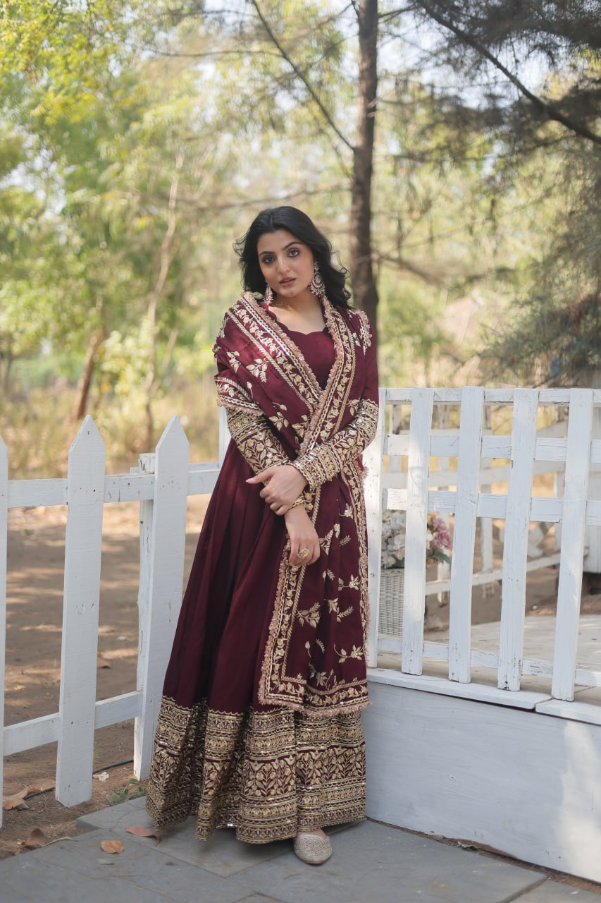 Radiant Rich Sequins Embroidered Designer Gown With Dupatta - Ethnicwish