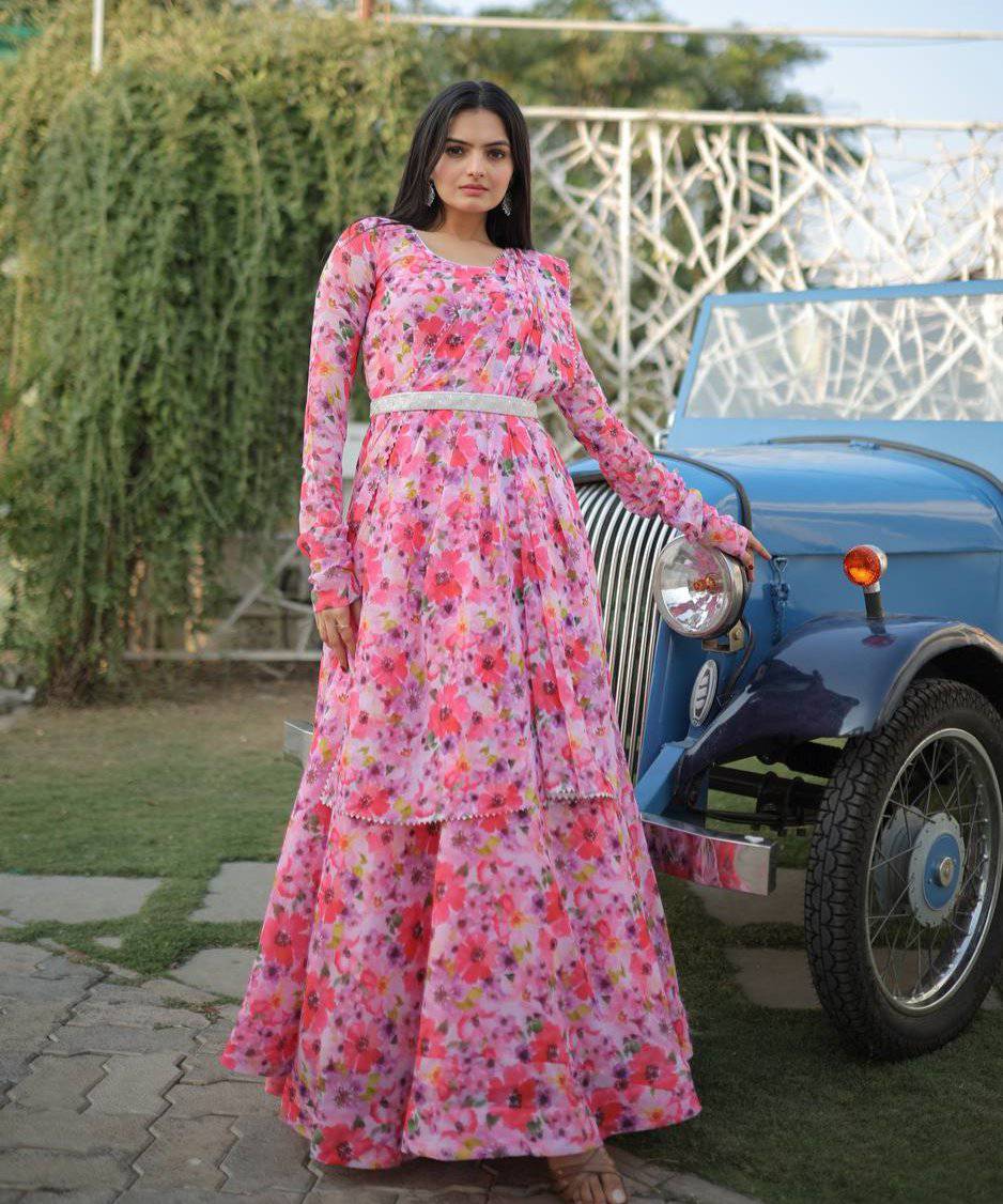 Romantic Pink Floral Digital Printed Fully Stitched Gown - Ethnicwish
