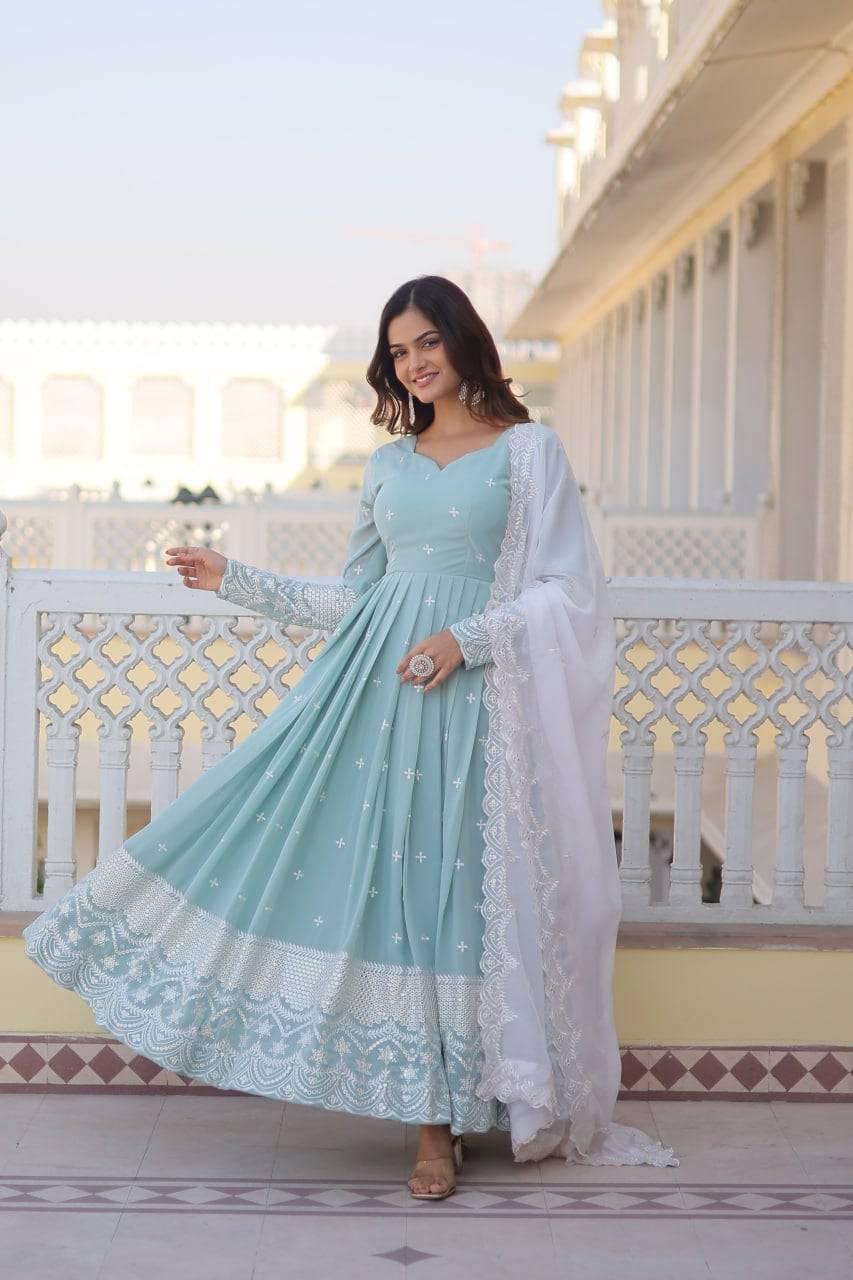 Spellbinding Sky Blue Faux Georgette Thread Sequins Worked Gown - Ethnicwish