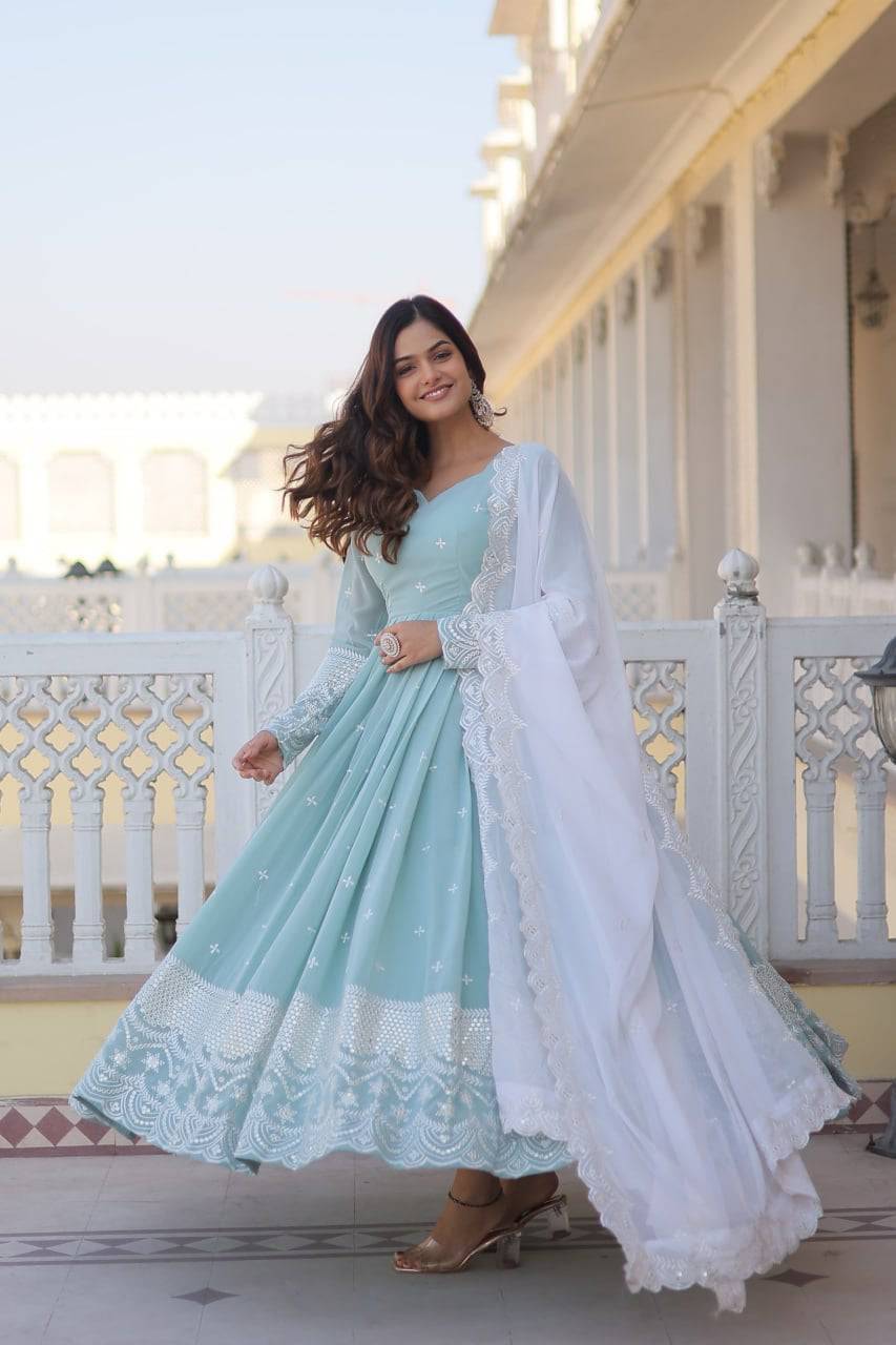 Spellbinding Sky Blue Faux Georgette Thread Sequins Worked Gown - Ethnicwish