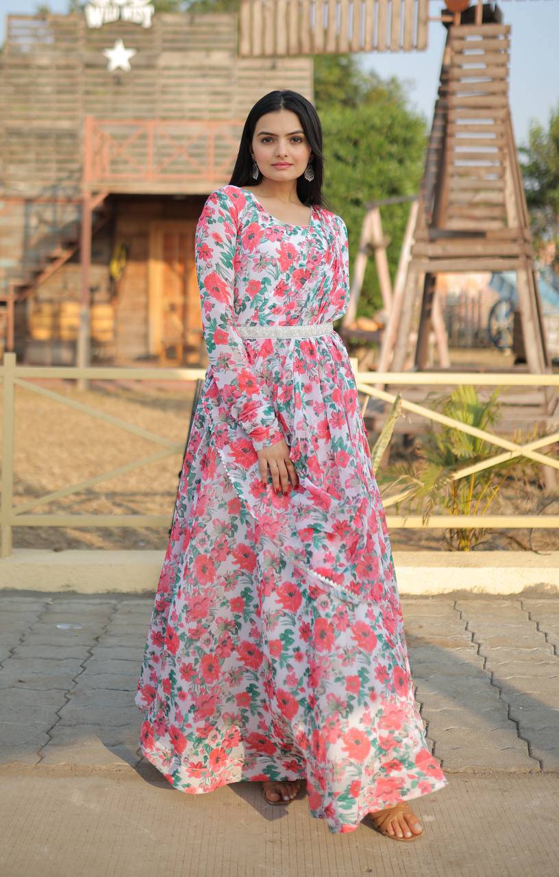Pink Floral Digital Printed Faux Georgette Gown With Dupatta - Ethnicwish