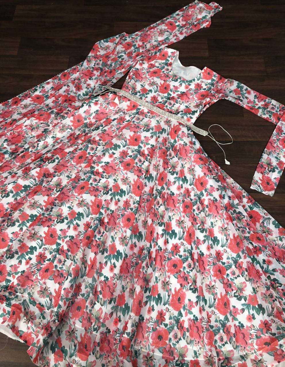 Pink Floral Digital Printed Faux Georgette Gown With Dupatta - Ethnicwish