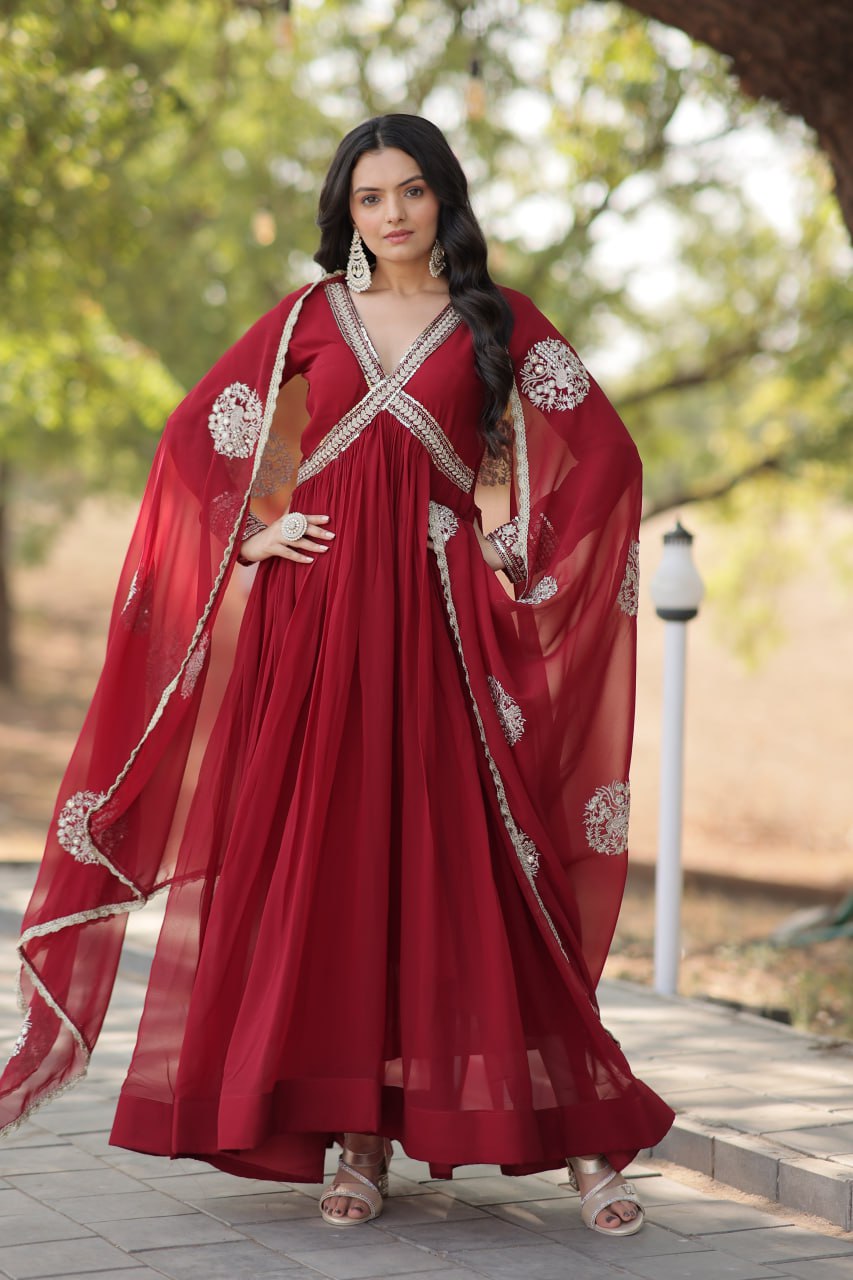 Charming Alia Cut Faux Georgette Festive Wear Designer Gown - Ethnicwish
