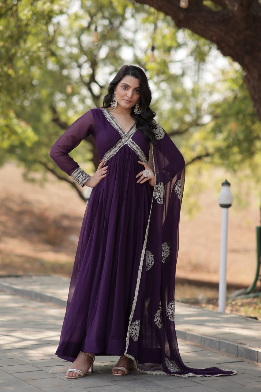 Charming Alia Cut Faux Georgette Festive Wear Designer Gown - Ethnicwish