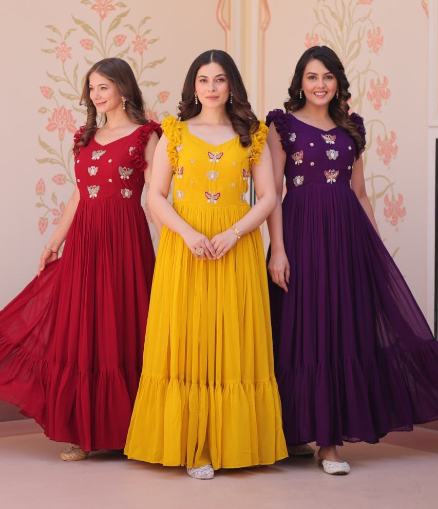 Designer Faux Georgette Frill Gown With Heavy Flair - ETHNICDEAL