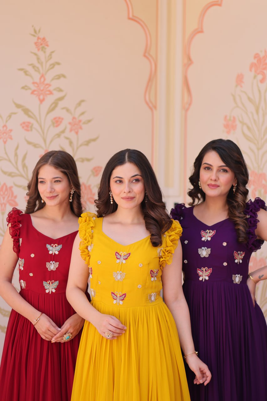 Designer Faux Georgette Frill Gown With Heavy Flair - ETHNICDEAL