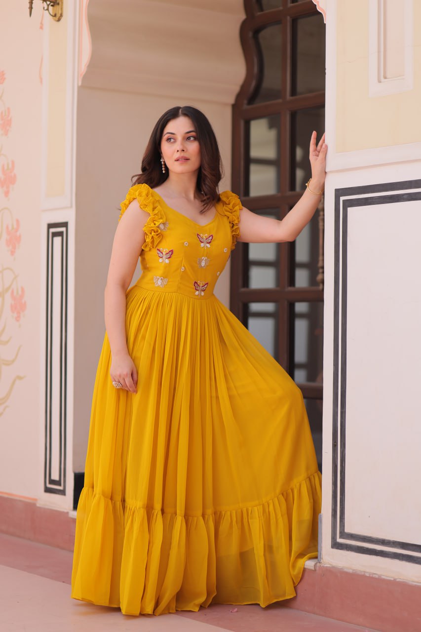 Designer Faux Georgette Frill Gown With Heavy Flair - ETHNICDEAL