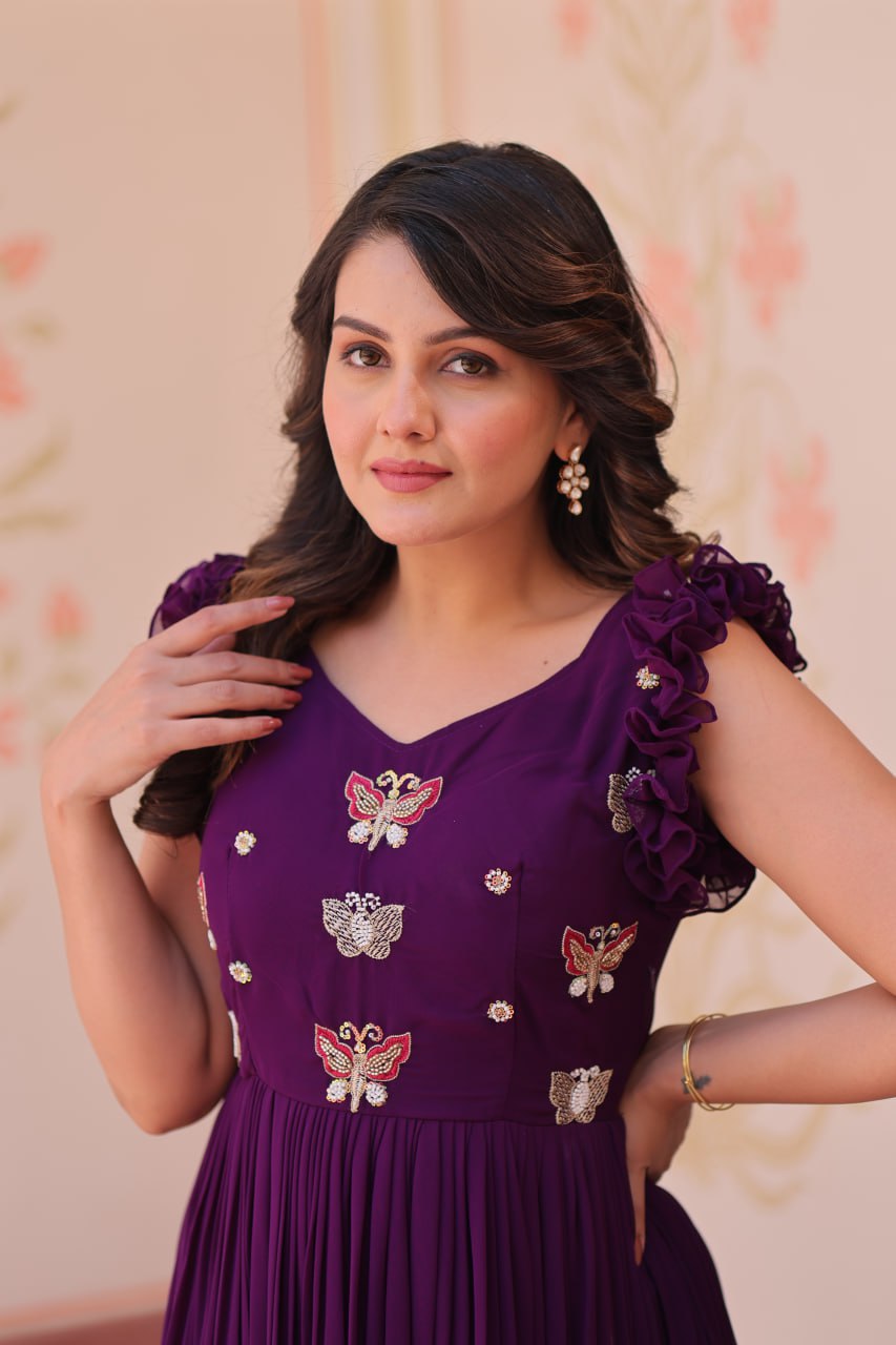 Designer Faux Georgette Frill Gown With Heavy Flair - ETHNICDEAL