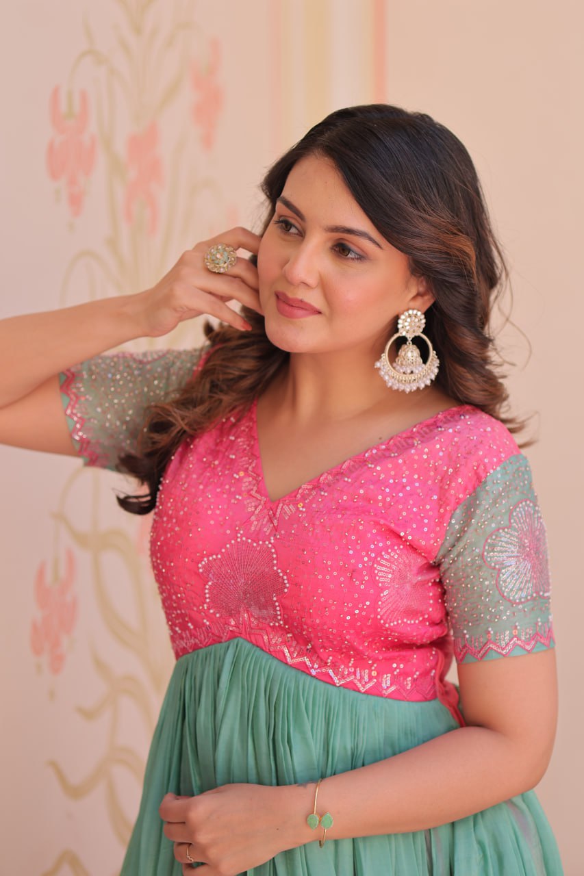 Stunning Gold Crush Bead Embroidered Fully Stitched Gown - ETHNICDEAL