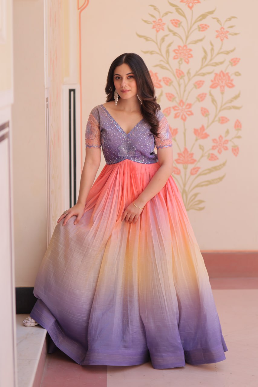 Stunning Gold Crush Bead Embroidered Fully Stitched Gown - ETHNICDEAL