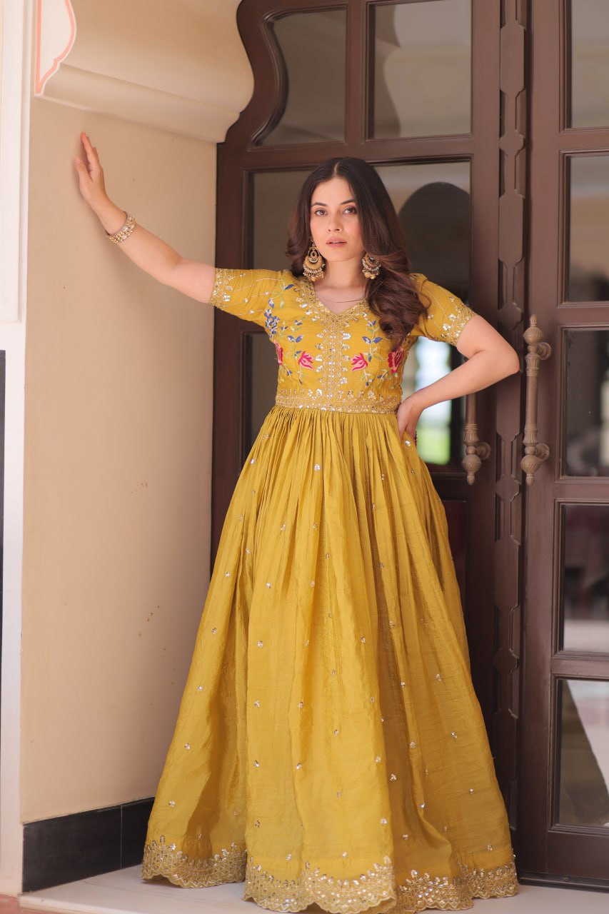 Gold Crush Embroidered Gown – Fully Stitched & Ready to Wear - ETHNICDEAL