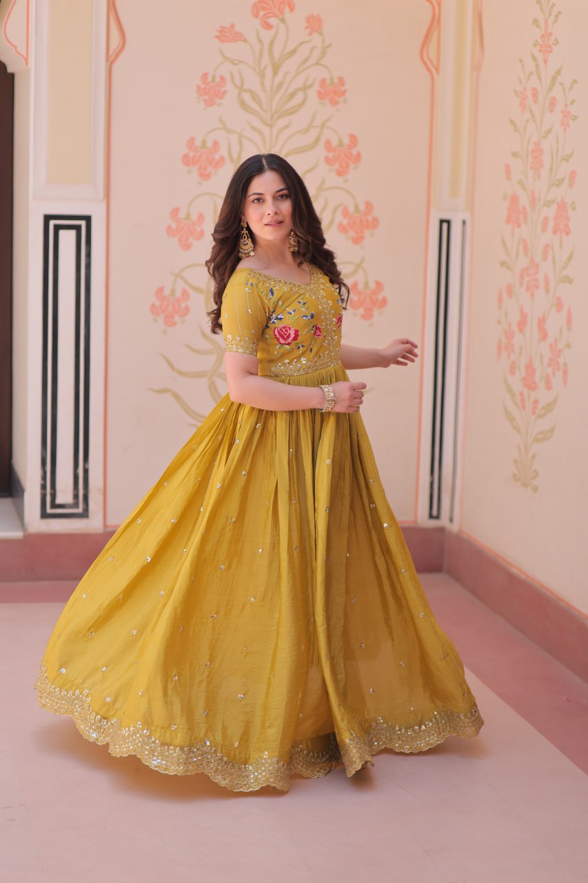 Gold Crush Embroidered Gown – Fully Stitched & Ready to Wear - ETHNICDEAL