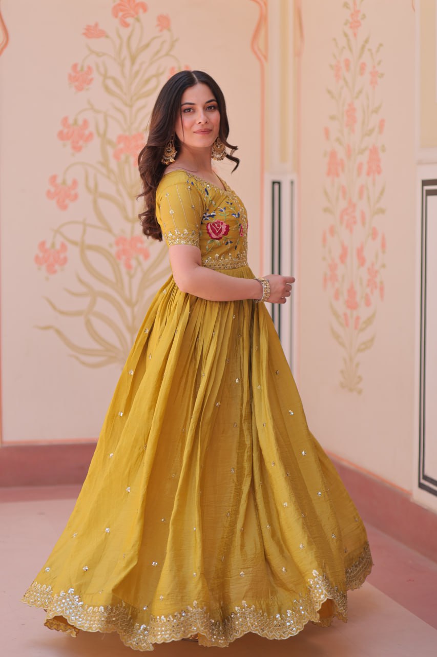 Gold Crush Embroidered Gown – Fully Stitched & Ready to Wear - ETHNICDEAL