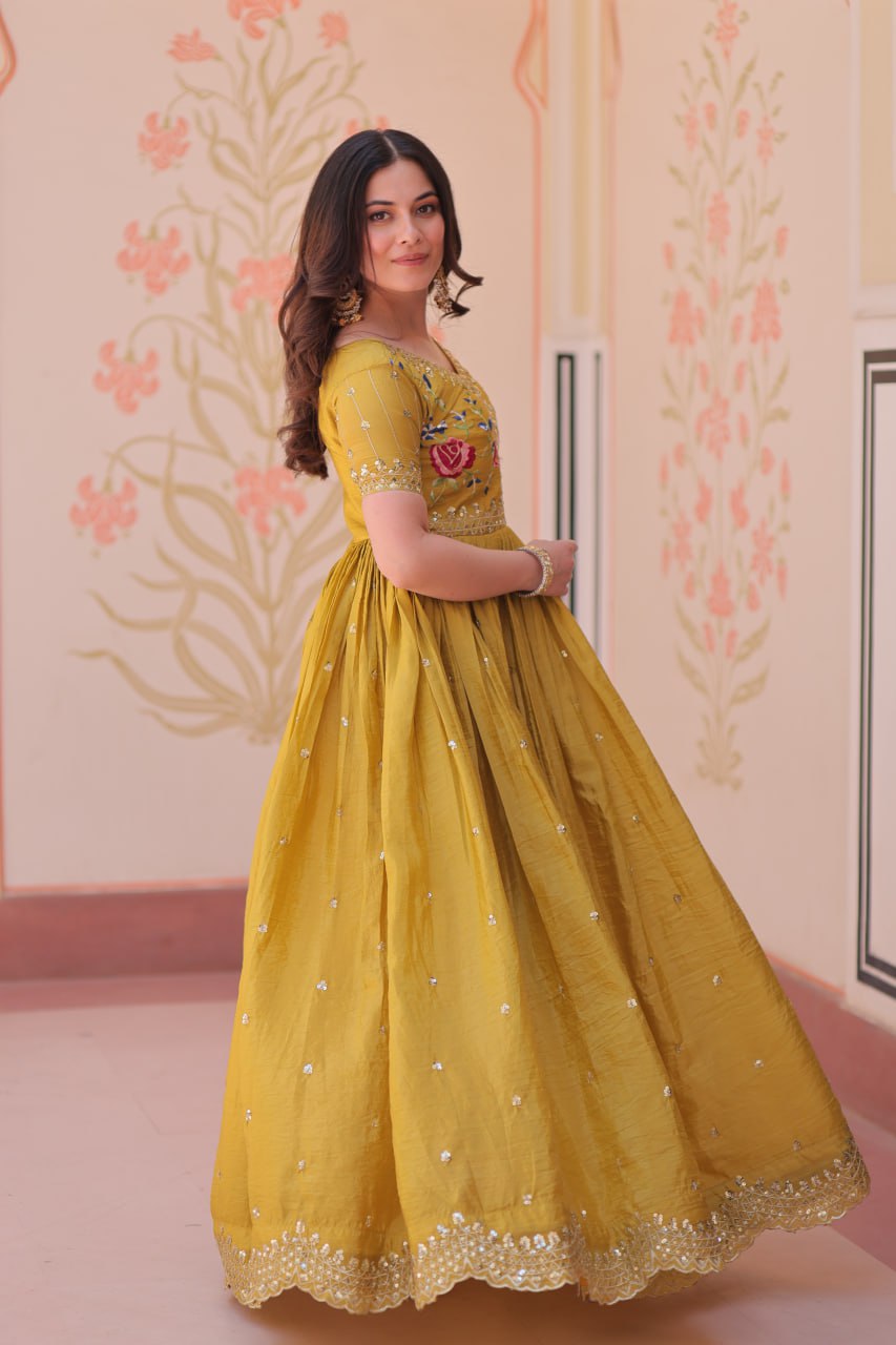 Gold Crush Embroidered Gown – Fully Stitched & Ready to Wear - ETHNICDEAL