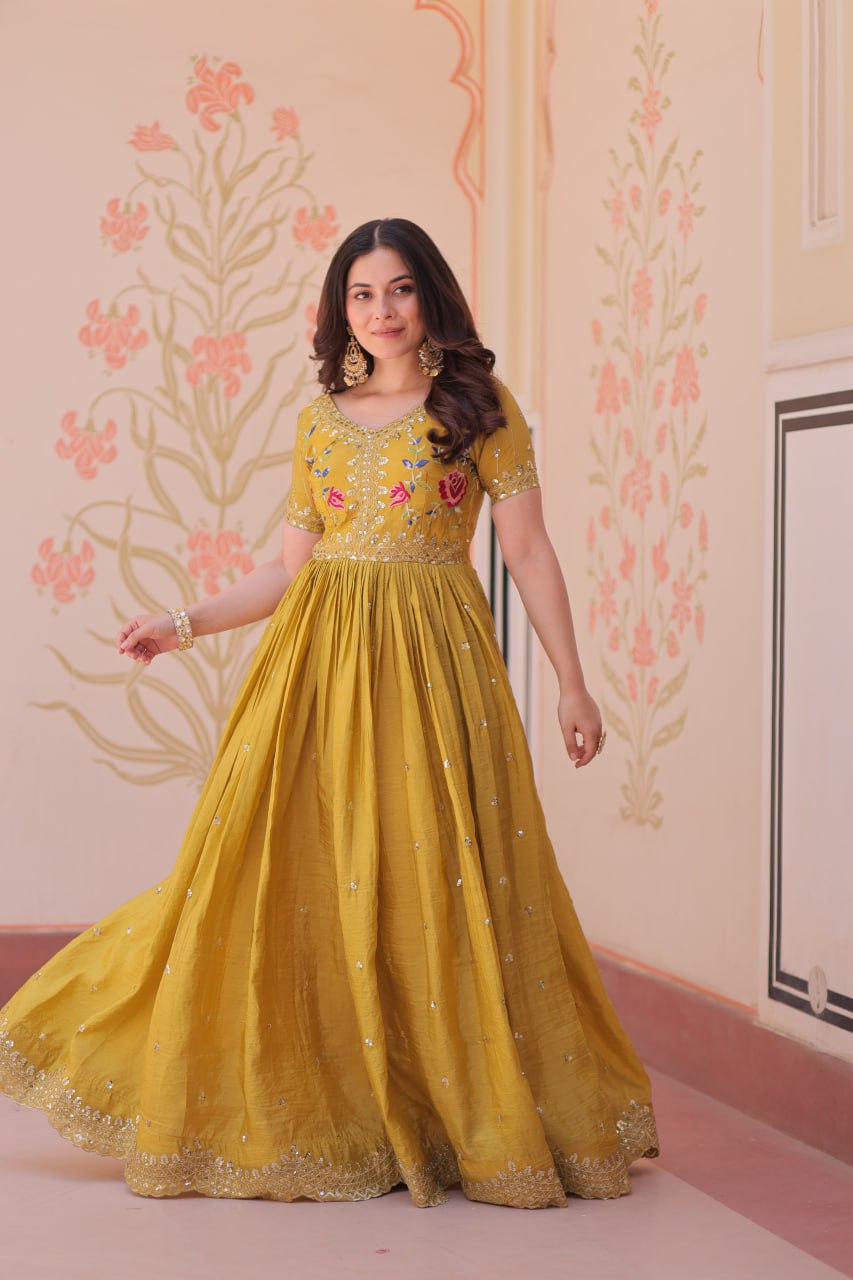 Gold Crush Embroidered Gown – Fully Stitched & Ready to Wear - ETHNICDEAL