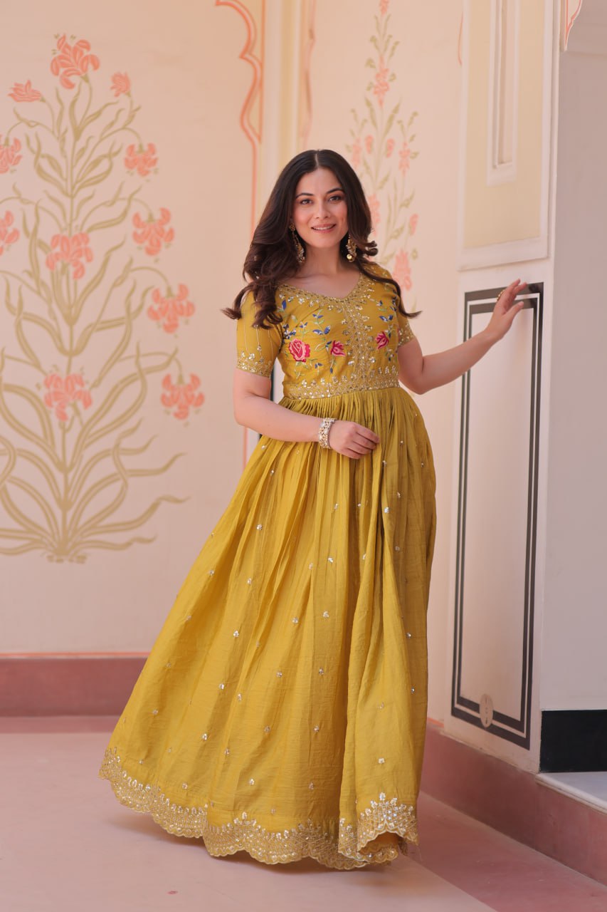 Gold Crush Embroidered Gown – Fully Stitched & Ready to Wear - ETHNICDEAL