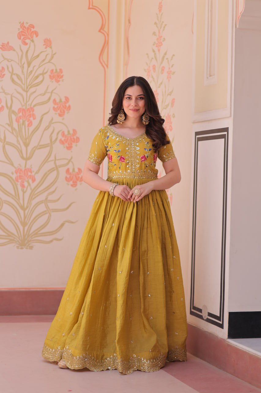 Gold Crush Embroidered Gown – Fully Stitched & Ready to Wear - ETHNICDEAL