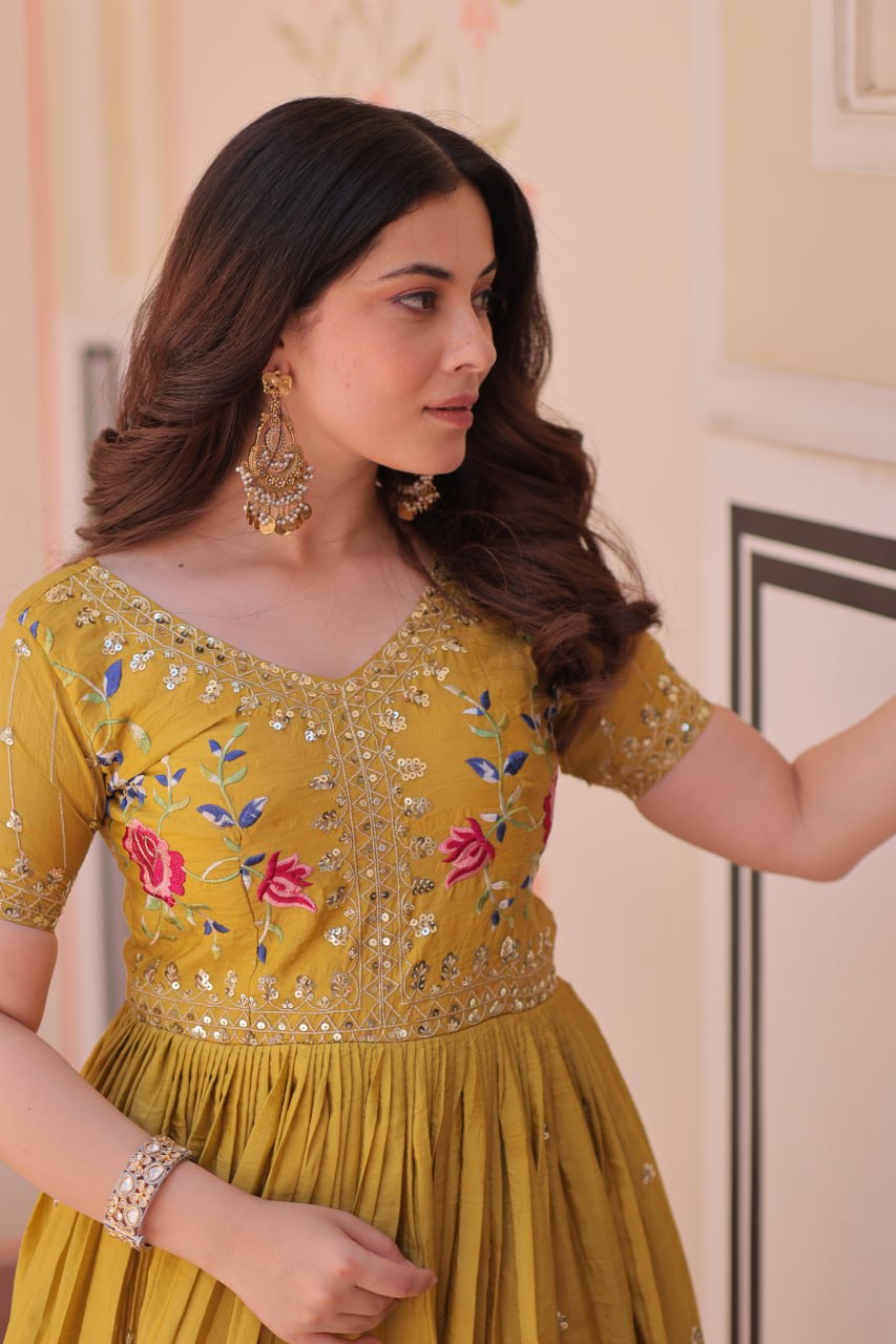 Gold Crush Embroidered Gown – Fully Stitched & Ready to Wear - ETHNICDEAL