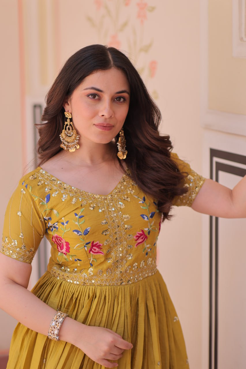 Gold Crush Embroidered Gown – Fully Stitched & Ready to Wear - ETHNICDEAL