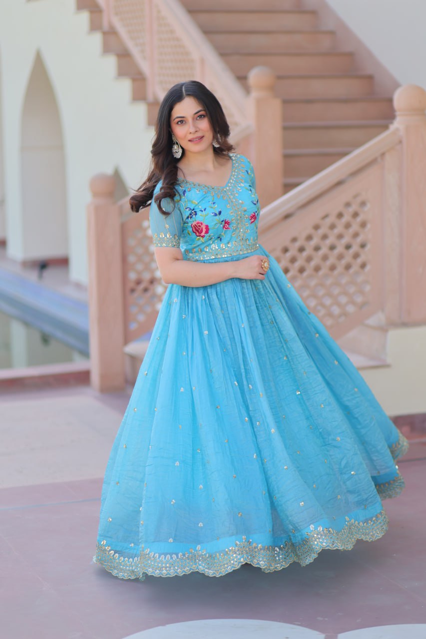 Gold Crush Embroidered Gown – Fully Stitched & Ready to Wear - ETHNICDEAL