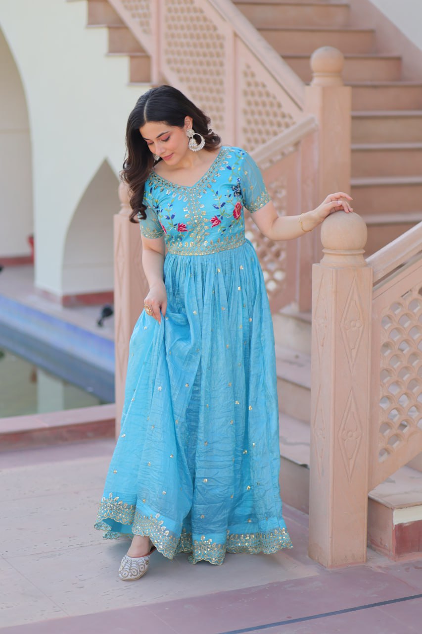Gold Crush Embroidered Gown – Fully Stitched & Ready to Wear - ETHNICDEAL