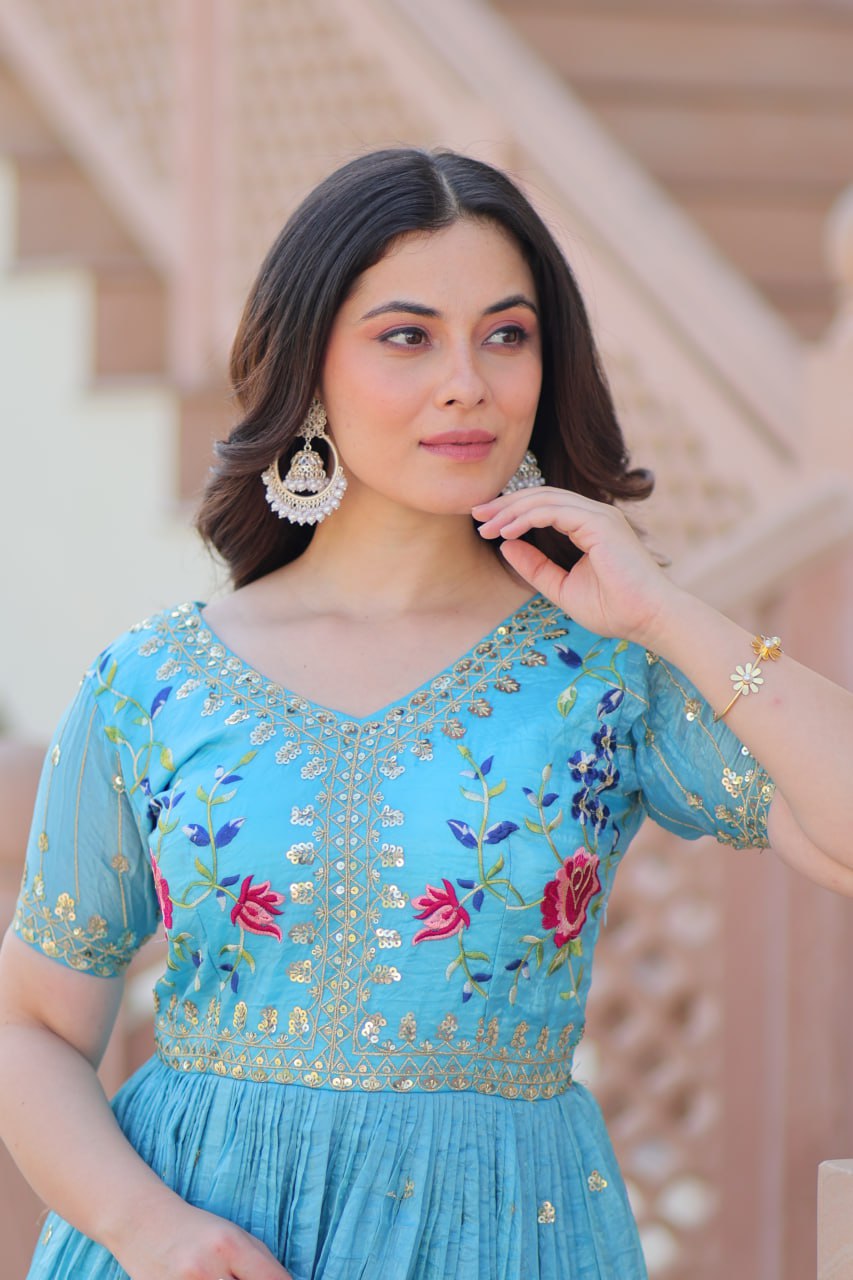 Gold Crush Embroidered Gown – Fully Stitched & Ready to Wear - ETHNICDEAL