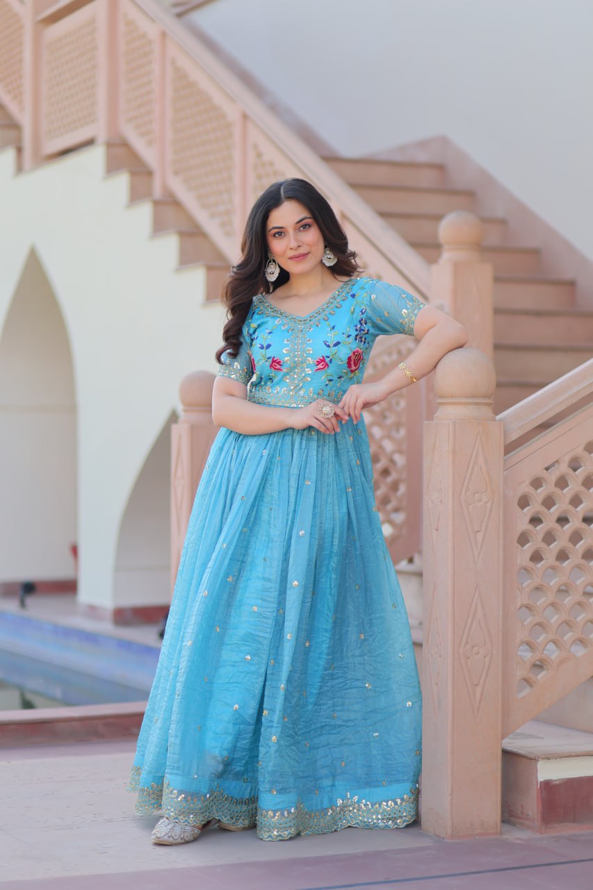 Gold Crush Embroidered Gown – Fully Stitched & Ready to Wear - ETHNICDEAL