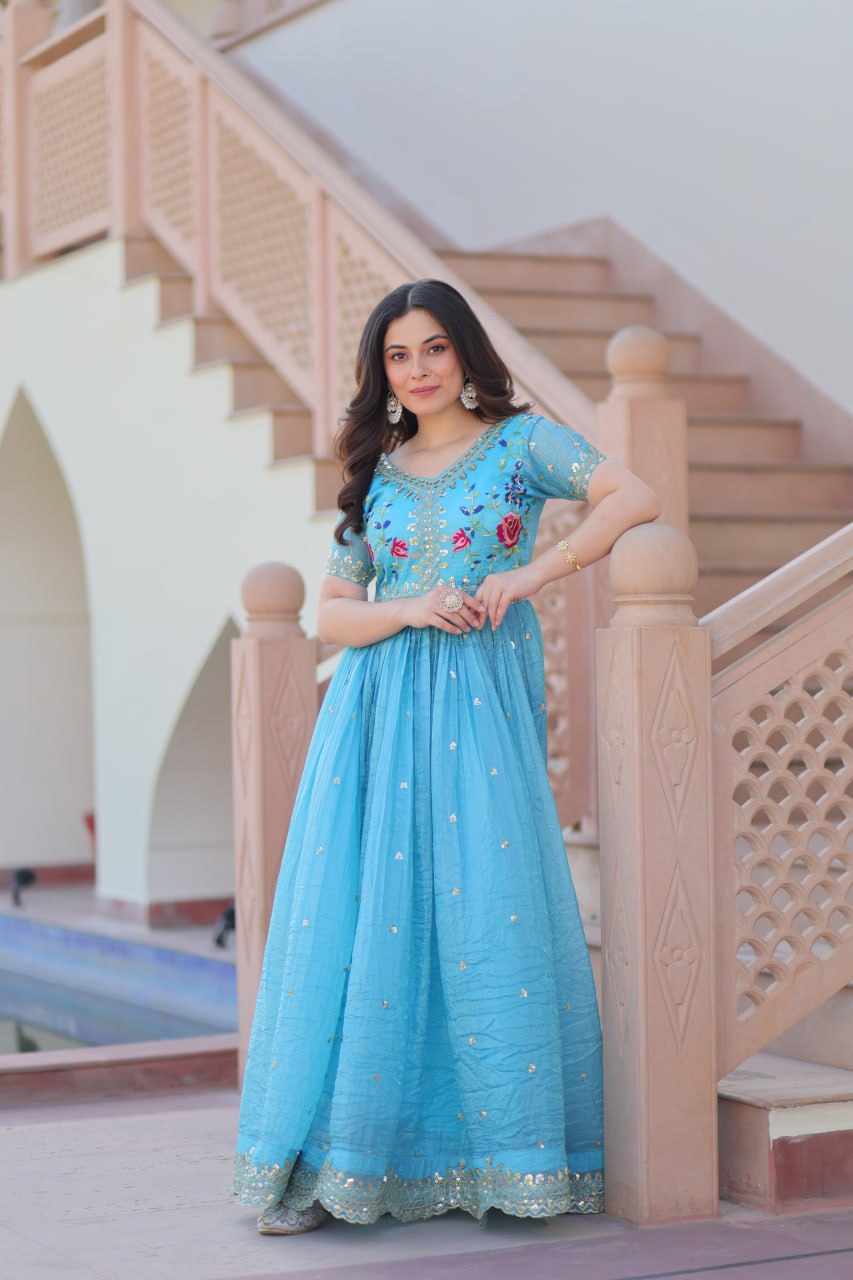 Gold Crush Embroidered Gown – Fully Stitched & Ready to Wear - ETHNICDEAL